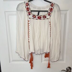 Bohemian Embroidered Blouse with Tassels